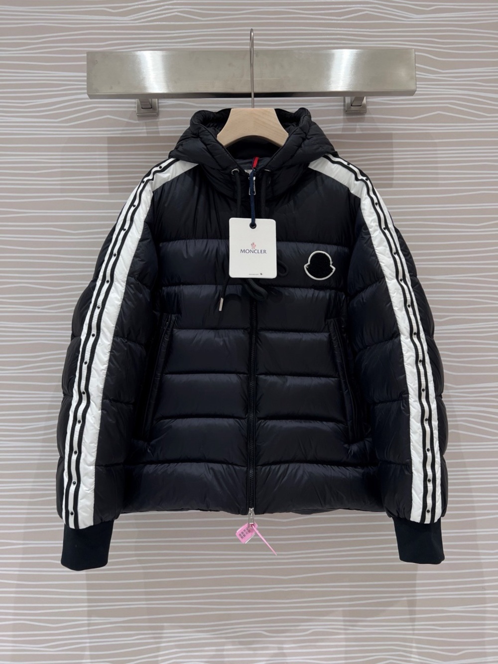 Moncler Black Hooded Puffer Jacket with White Sleeve Stripes